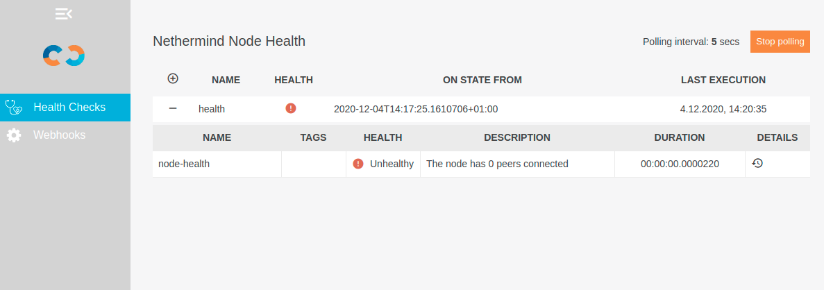 Unhealthy status reported on UI page